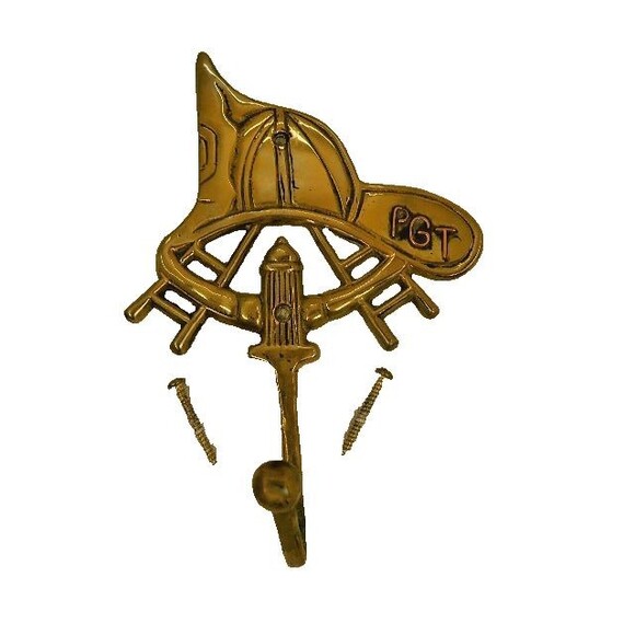 Vintage Fireman's Brass Wall Coat Towel Hook w/ Helmet, Ladders, & Hydrant  7.5" - Picture 2 of 7